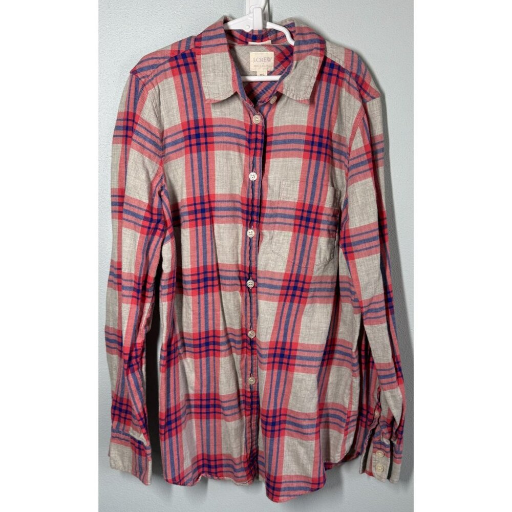 J.Crew Women Boyfit Button Up‎ Red/Gray Plaid Top XS Cottage Cabincore Cowgirl